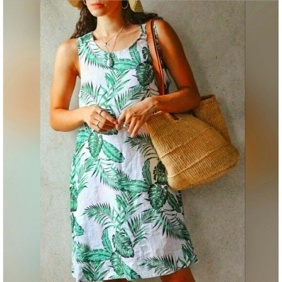 C &C California Linen Dress Womens Small Green And White Leaf Pockets Swing - Picture 1 of 16